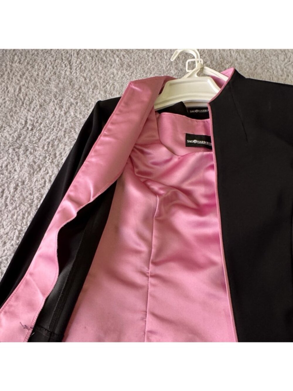 Mid-Century Style Suit 3pc Women's Sz 8 Jacket Black Knit Pink Satin Midi Skirt - Picture 4 of 16